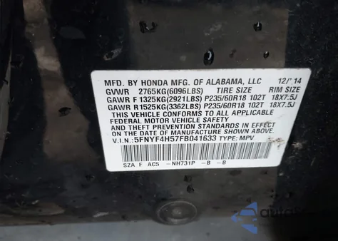 2015 Honda Pilot Ex-L from USA, damaged, VIN 5FNYF4H57FB041633